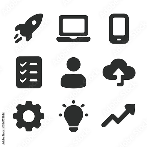 Product Launch Icons. Solid, filled icons set of product launch strategy: rocket icon, laptop icon, smartphone icon, checklist, user profile, cloud upload, gear icon, idea icon, growth arrow.