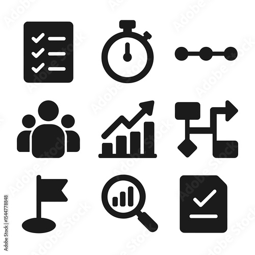 Productivity Icon Grid. Solid, filled icons set of productivity tracking: checklist, stopwatch, timeline, team icon, progress graph, workflow arrow, milestone icon, data analytics, task icon.