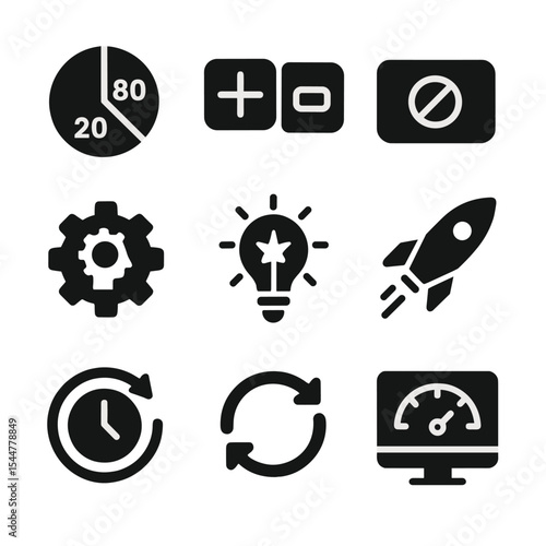 Productivity Icons Grid. Solid, filled icons set of productivity hacks: 80/20 icon, shortcut keys, block