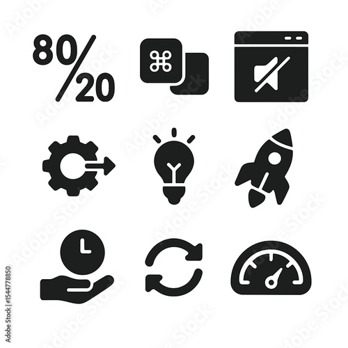 Productivity Icons Grid. Solid, filled icons set of productivity hacks: 80/20 icon, shortcut keys, block