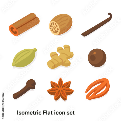 Isometric Spice Icons. Isometric Flat icon set of baking spices: cinnamon stick, nutmeg seed, vanilla bean, cardamom pod, ginger