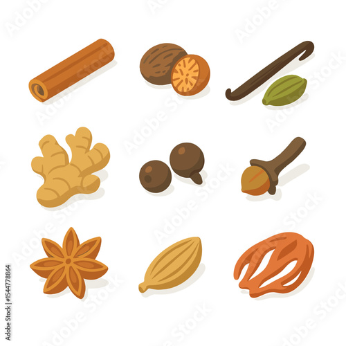 Isometric Spice Icons. Isometric Flat icon set of baking spices: cinnamon stick, nutmeg seed, vanilla bean, cardamom pod, ginger