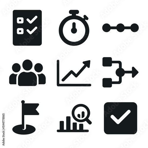 Productivity Icon Grid. Solid, filled icons set of productivity tracking: checklist, stopwatch, timeline, team icon, progress graph, workflow arrow, milestone icon, data analytics, task icon.