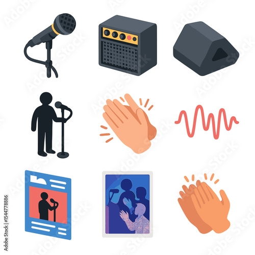 Spoken Word Icon Set. Isometric Flat icon set of spoken word performance: boom mic, amplifier, stage monitor, performer silhouette