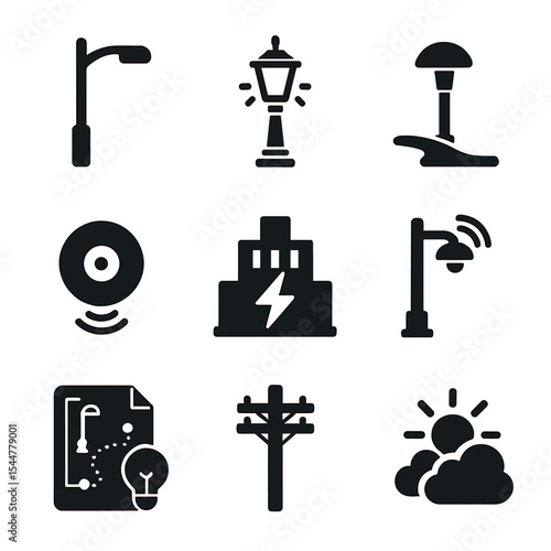Public Lighting Icons. Solid, filled icons set of public infrastructure lighting: streetlight pole, pedestrian