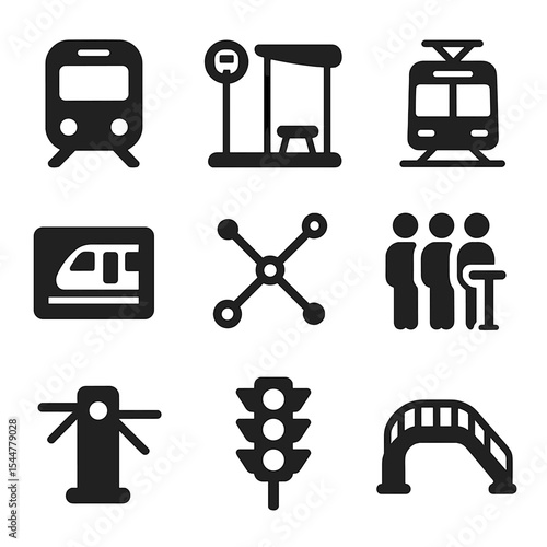 Public Transport Icons. Solid, filled icons set of public transport expansion: metro train, bus stop, tramline
