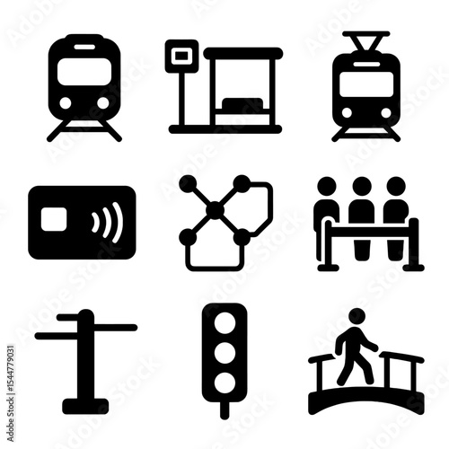 Public Transport Icons. Solid, filled icons set of public transport expansion: metro train, bus stop, tramline