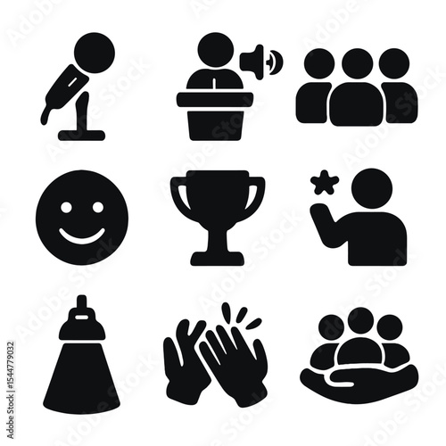 Public Speaking Icons. Solid, filled icons set of confidence in public speaking: microphone, speaker icon, audience, confident smile, trophy, encouraging icon, spotlight, applause, supportive group.