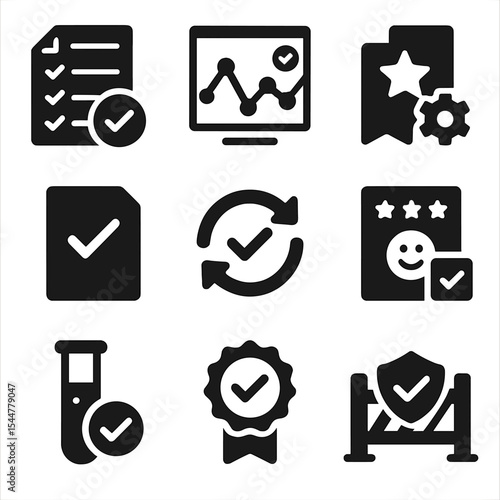 Quality Assurance Icons. Solid, filled icons set of quality assurance processes: QA checklist, control chart,
