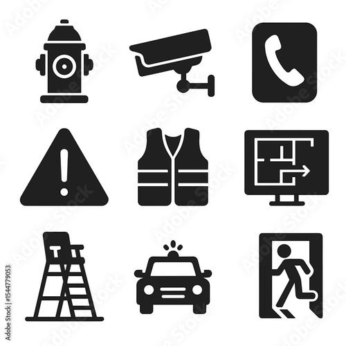Public Safety Icons. Solid, filled icons set of public safety measures: fire hydrant, surveillance camera,
