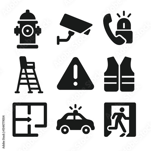 Public Safety Icons. Solid, filled icons set of public safety measures: fire hydrant, surveillance camera,