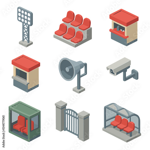 Stadium Icon Set. Isometric Flat icon set of stadium environment: floodlight tower, seating stand, concession stand, ticket booth,