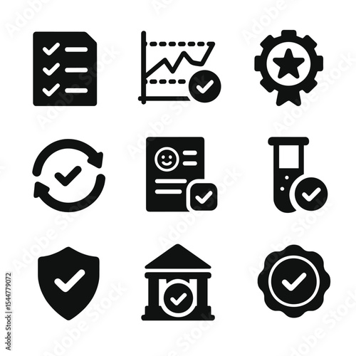 Quality Assurance Icons. Solid, filled icons set of quality assurance processes: QA checklist, control chart,