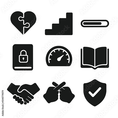 Rebuilding Trust Icons. Solid, filled icons set of rebuilding trust after conflict: puzzle heart, stair steps,