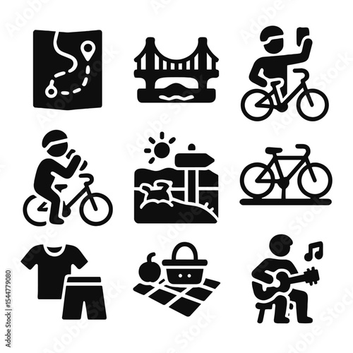 Recreational Cycling Icons. Solid, filled icons set of recreational urban cycling: weekend route, scenic