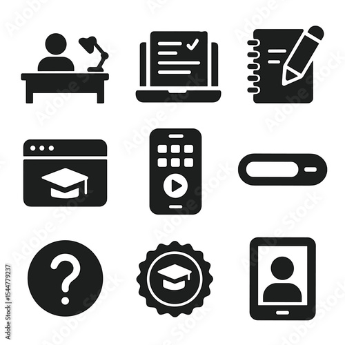 Remote Learning Icons. Solid, filled icons set of remote learning for students: study desk, online assignment,