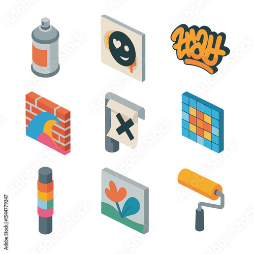 Street Art Icons. Isometric Flat icon set of street art elements: spray can, stencil art, graffiti tag, mural wall, wheatpaste