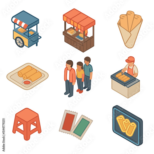 Street Food Icons. Isometric Flat icon set of spring rolls in street food scene: food cart, vendor stall, paper cone holder,