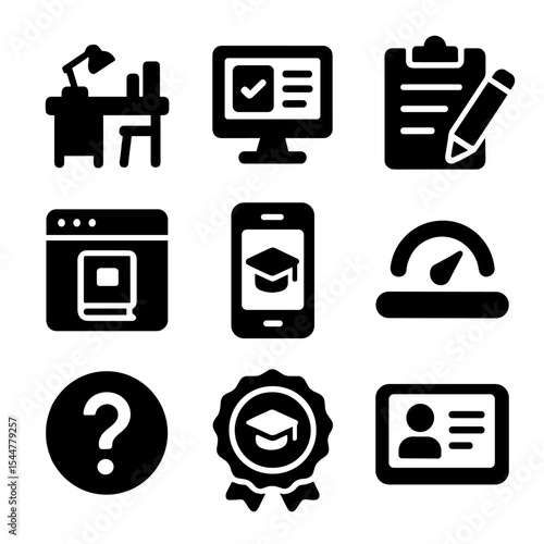 Remote Learning Icons. Solid, filled icons set of remote learning for students: study desk, online assignment,