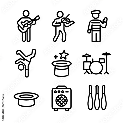 Street Performer Icons. Outline icon set of street performers: guitar player, violinist, breakdancer, mime artist, magician hat,
