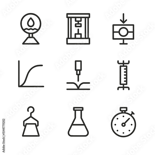Strength Test Icons. Outline icon set of strength tests: wet strength gauge, tensile tester, load cell, tear resistance curve,