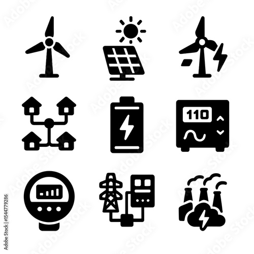 Renewable Energy Icons. Solid, filled icons set of renewable energy integration: wind turbine, solar panel,