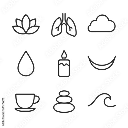 Stress Relief Icons. Outline icon set of stress relief affirmations: lotus flower, breathing lungs, cloud, rain drop, candle,