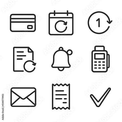 Subscription Icon Set. Outline icon set of subscription renewals: credit card, renewal calendar, circular arrow, invoice document,