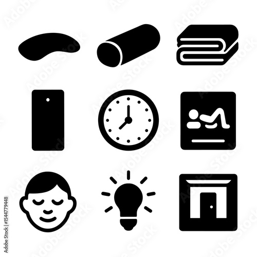 Restorative Yoga Icons. Solid, filled icons set of restorative yoga tools: eye pillow, bolster, folded blanket