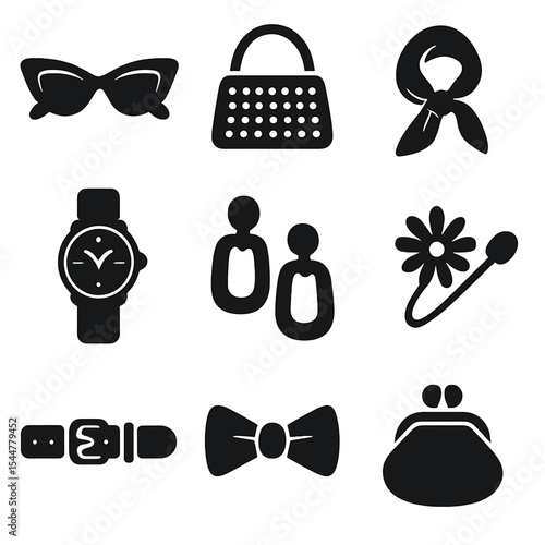 Retro Fashion Icon Set. Solid, filled icons set of retro fashion accessories: cat-eye sunglasses, beaded purse