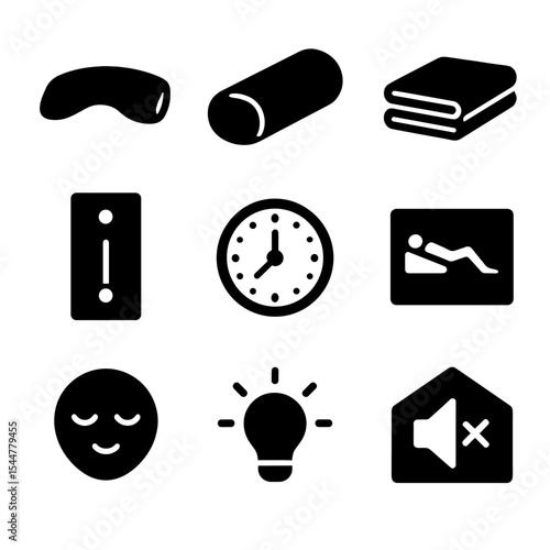 Restorative Yoga Icons. Solid, filled icons set of restorative yoga tools: eye pillow, bolster, folded blanket