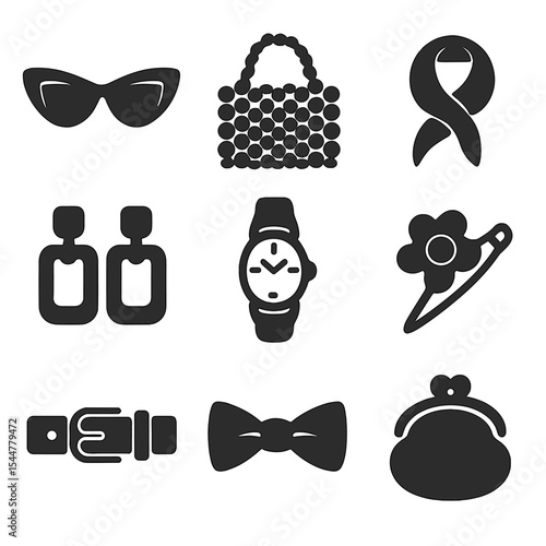 Retro Fashion Icon Set. Solid, filled icons set of retro fashion accessories: cat-eye sunglasses, beaded purse