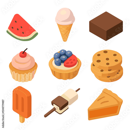 Summer Picnic Desserts. Isometric Flat icon set of summer picnic desserts: watermelon slice, ice cream cone, brownie square,