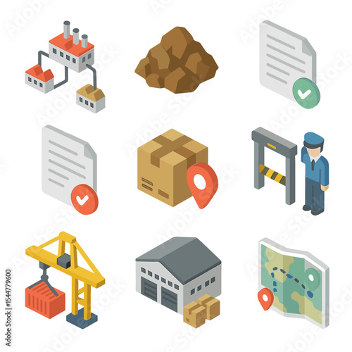 Supply Chain Icons. Isometric Flat icon set of supply chain management: supplier network, raw material pile, procurement document,