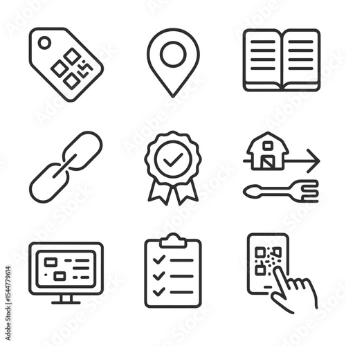 Supply Chain Icons. Outline icon set of supply chain transparency: QR code tag, origin map pin, traceability ledger, blockchain