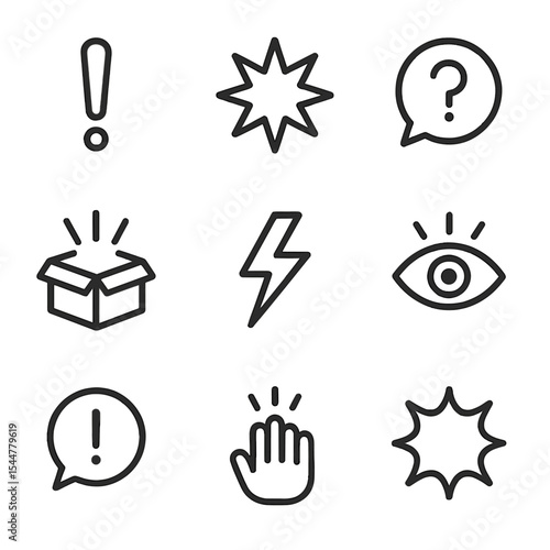 Surprise Icon Collection. Outline icon set of surprise excitement: exclamation mark, bursting star, question bubble, popping box,