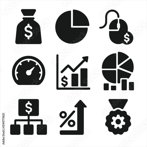 ROI Icons Grid. Solid, filled icons set of ROI and marketing spend tracking: budget icon, spend breakdown,