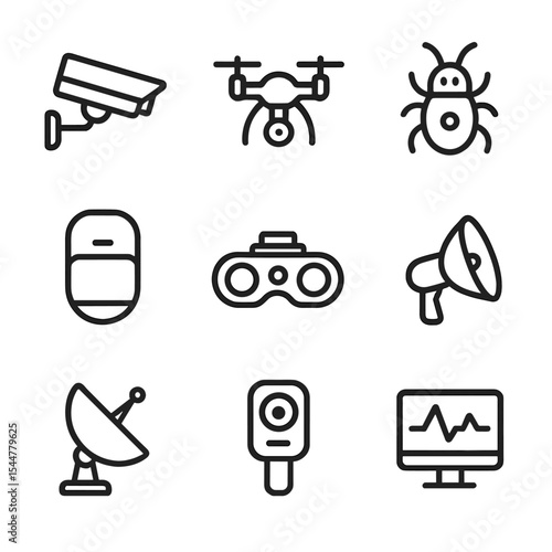 Surveillance Equipment Icons. Outline icon set of surveillance equipment: CCTV camera, drone, bug recorder, motion sensor, night
