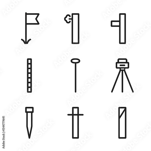 Survey Tools Icon Set. Outline icon set of survey and marking stakes: marking stake with flag, paint-sprayed stake, offset stake,