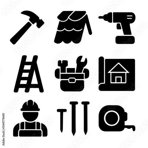 Roof Installation Icons. Solid, filled icons set of roof installation steps: hammer, shingles, power drill,