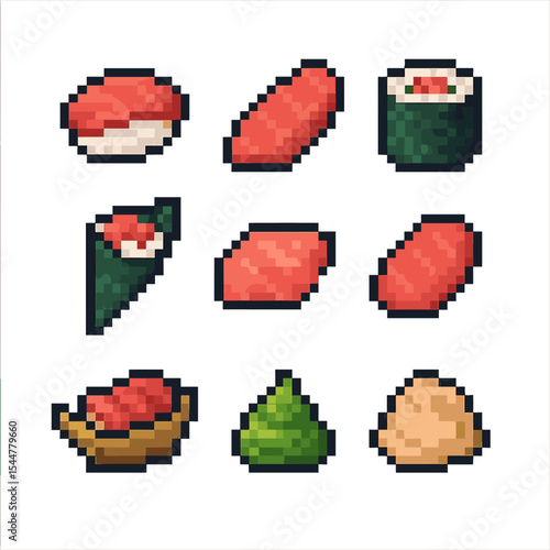Sushi Pixel Art Icons. Pixel art icon set of sushi and sashimi tuna varieties: nigiri rice, sashimi slice, maki roll, temaki cone,