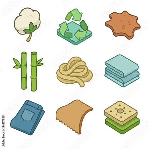 Sustainable Fabric Icons. Isometric Flat icon set of sustainable composition: organic cotton, recycled polyester, eco leather,