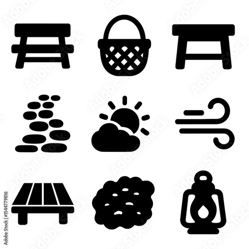Rustic Icon Set. Solid, filled icons set of rustic and natural outdoor vibes: wood bench, woven basket, rustic