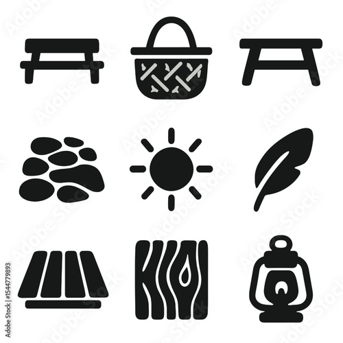 Rustic Icon Set. Solid, filled icons set of rustic and natural outdoor vibes: wood bench, woven basket, rustic