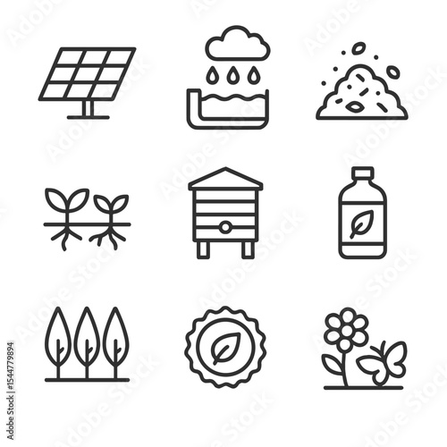 Sustainable Viticulture Icons. Outline icon set of sustainable viticulture practices: solar panel, rainwater harvesting, compost
