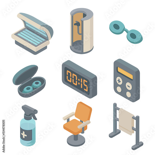 Tanning Salon Essentials. Isometric Flat icon set of tanning salon and spa equipment: UV lamp tanning bed, spray tan booth,