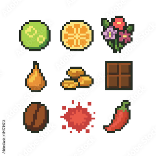 Tasting Notes Icons. Pixel art icon set of tasting notes: bitter bubble, citrus slice, floral bouquet, caramel drop, roasted grain