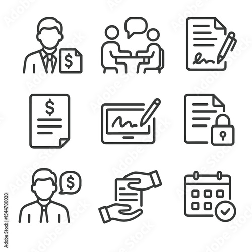 Tax Icons Set. Outline icon set of tax professional interactions: tax preparer silhouette, client meeting, engagement letter, fee