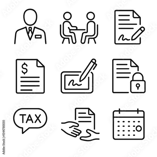 Tax Icons Set. Outline icon set of tax professional interactions: tax preparer silhouette, client meeting, engagement letter, fee