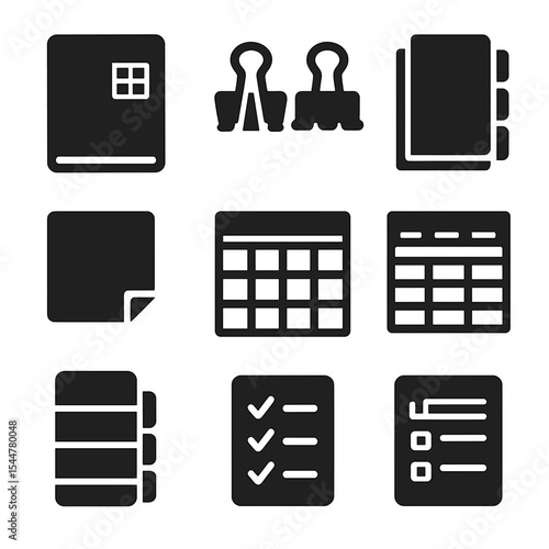 School Organization Icons. Solid, filled icons set of school organization tools: planner, binder clips,